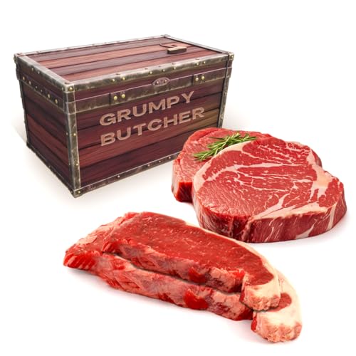 Grumpy Butcher 4 Steaks Gift Package - 2 (10 oz) NY Strip Steaks and 2 (14 oz) Ribeye Steaks for Delivery in Treasure Gift Box