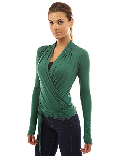 PattyBoutik Women Convertible Long Sleeve Casual Wrap Blouse (Green Medium)