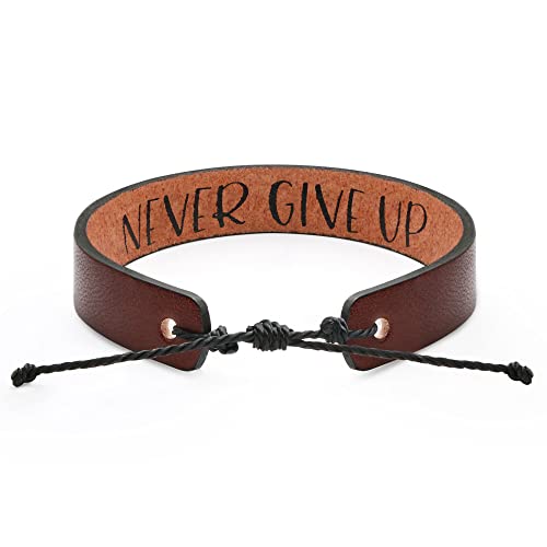 JoycuFF Leather Bracelets for Men Inspirational Encouragement Message Brown Adjustable Bracelet Christmas Birthday Jewelry Cheer Up Gift for Him Never Give Up