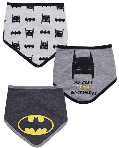 BATMAN 3-Pack Baby Bibs for Boys | Unisex Teething Bibs | Snap Closure | Newborn Boy Bibs | Black/Grey/White, 0-12 Months