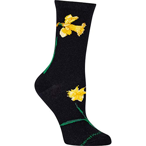 Daffodil Yellow Flowers Black 9-11 Cotton Blend Fabric Crew Novelty Socks