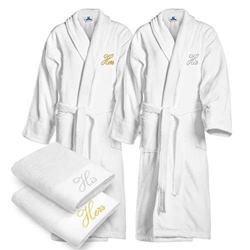 Kaufman - His and Hers Bathrobes Set Embroidered Includes Velour 100% Cotton Shawl Robe and Matching Towels Set 30''x58'' 4 Pieces Set Blackwhite