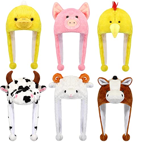 Newcotte 6 Pcs Kids Costume Hats Animal Hats Set Dress Up Farm Costume Hats Plush Fun Animal Hats for Halloween Party Adults Teens Farmer Theme Party, Horse, Sheep, Pig, Rooster, Duck, Rabbit