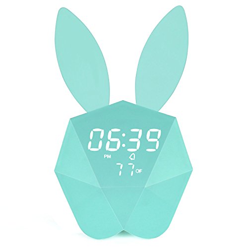Bunny Rabbit Alarm Clock LED Night-Light Voice Control Sound Sensitive Time Temperature Digital Display Strong Magnetic Adsorption Li-ion Battery Rechargeable Baby Gift (Macaron Blue)