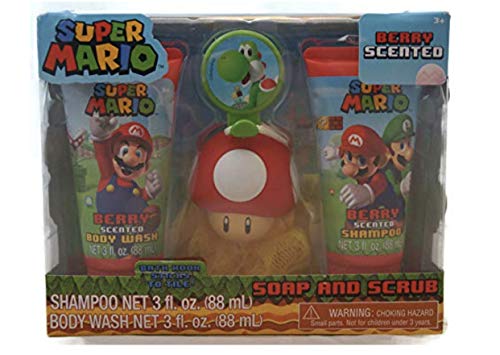 Super Mario Children's Bath Gift Set - Shampoo, Body Wash, Bath Scrubby & Hook
