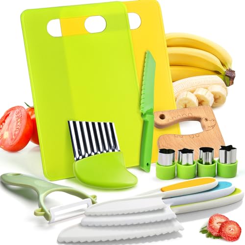 Montessori Kitchen Tools,13Pcs Toddler Knife Set Kids Knife Set for Real Cooking-Kids Kitchen Tools Set Include Toddler Knives Cutting Boards Sandwich Cutters Peeler for Toddler Birthday Gift