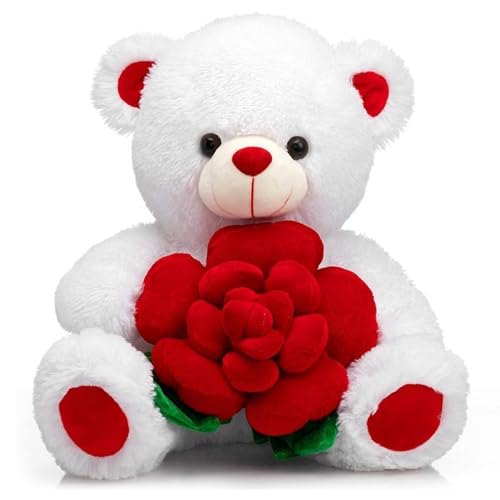 BEJOY Teddy Bear Stuffed Animals Plush Bear Holding Rose Soft Plush Toy Valentine's Day, 16 Inch, White