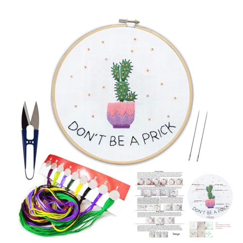 BERYA Embroidery Kit Including Embroidery Hoop,Color Threads and Embroidery Scissors for Beginners-Handmade Needlepoint Kits for Adults Kids（Cactus）