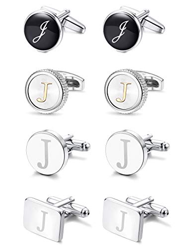 LOYALLOOK 4Pairs Men's Initial J Letter Shirts Cufflinks Engraved Shirt Cufflink Alphabet Set Fashion Dazzle Tuxedo Cufflinks Business Wedding Father's DayGift