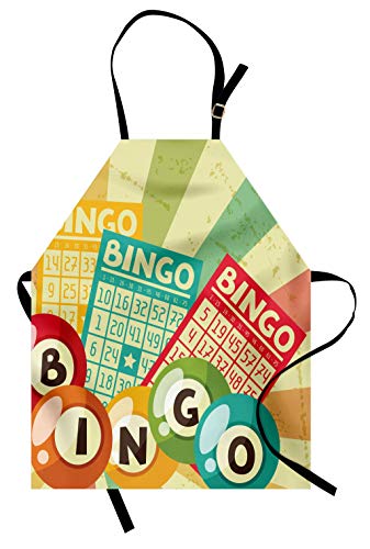 Ambesonne Vintage Apron, Bingo Game with Ball and Cards Pop Art Lottery Hobby Celebration Theme, Unisex Kitchen Bib with Adjustable Neck for Cooking Gardening, Adult Size, Yellow Green