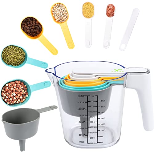 FAVIA Measuring Cups and Measuring Spoons Set of 10 Pieces Plastic Kitchen Cooking Baking Stackable Measurement BPA Free Dishwasher Safe for Liquid and Dry Green+Yellow