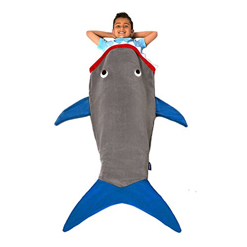 Blankie Tails | Shark Blanket, New Shark Tail Double Sided Super Soft and Cozy Minky Fleece Blanket, Machine Washable Wearable Blanket (56'' H x 27'' (Kids Ages 5-12), Gray & Blue)