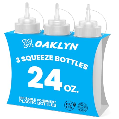 Oaklyn Squeeze Bottles 24oz 3 Pack (Large Size) - Reusable Condiment Bottles for Sauces Liquids BPA-Free Leak Proof Design, Easy to Clean Plastic Squeeze Bottles with Nozzle