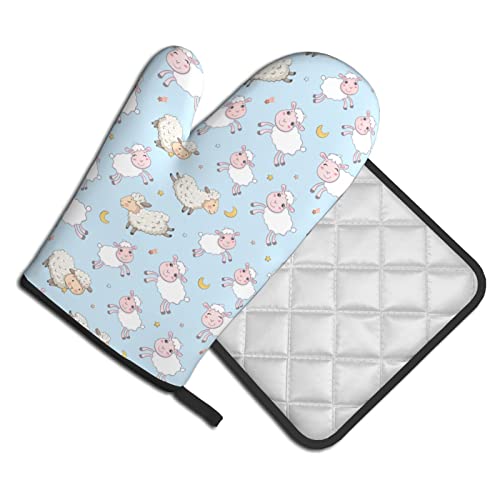 Sheep Oven Mitts Pot Holders Set,2-Piece Set, Heat Resistant Waterproof Gloves for Kitchen Cooking, Baking, BBQ