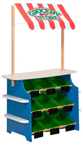 Melissa & Doug Wooden Grocery Store and Lemonade Stand - Reversible Awning, 9 Bins, Chalkboards