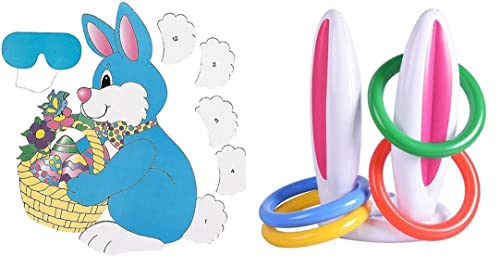 2 Easter Party Games - Bunny Ears Inflatable Ring Toss + Pin The Tail on The Easter Bunny