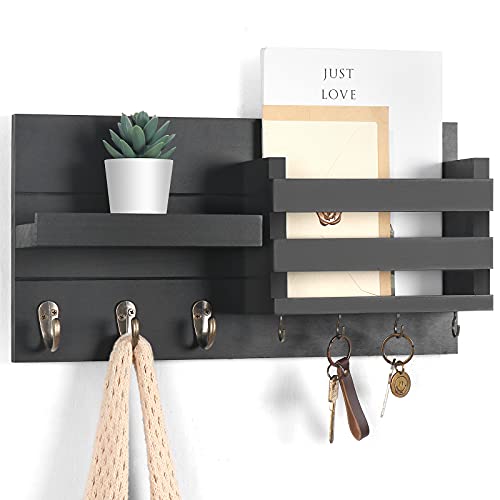 Lwenki Mail Organizer for Wall Mount – Key Holder with Shelf Includes Letter Holder and Hooks for Coats, Dog Leashes – Rustic Wood with Flush Mounting Hardware (16.5” x 8.7” x 3.5”)