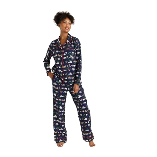 Vera Bradley Women's Cotton Pajama Set With Long Sleeve Button-up Shirt and Pants (Extended Size Range), Snow Globe Motifs, Medium