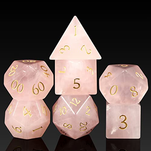 Pink Quartz DND Dice Set DNDND 7 PCS Natural Crystal D&D Dice with Grogeous Gift Case for Dungeons and Dragon Tabletop Game (Pink Quartz)