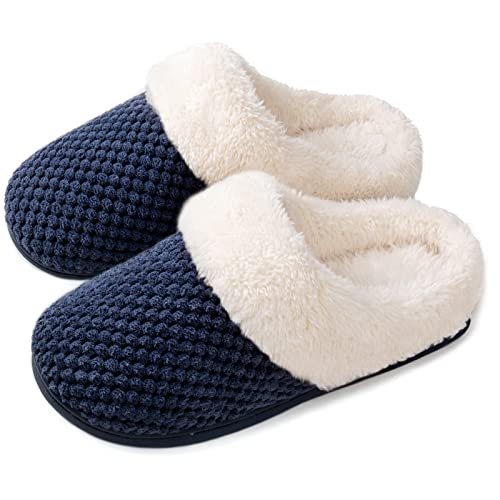 ULTRAIDEAS Women's Lamb-hug Comfy Fleece House Slippers Memory Foam, Slip-on House Shoes Indoor Outdoor (Blue, Size 9-10)