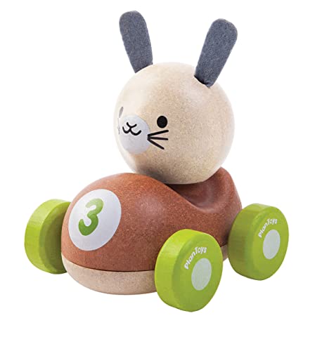 PlanToys Wooden Bunny Rabbit Racer Push and Pull Racing Car (5680) | Sustainably Made from Rubberwood and Non-Toxic Paints and Dyes | PlanWood