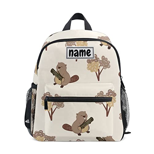 Glaphy Custom Kid's Name Backpack, Cute Beavers and Trees Toddler Backpack for Daycare Travel, Personalized Name Preschool Bookbags for Boys Girls