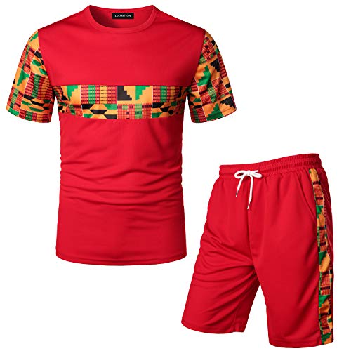 LucMatton Men's African Pattern Printed T-Shirt and Shorts Set Sports Mesh Tracksuit Dashiki Outfits Red Small