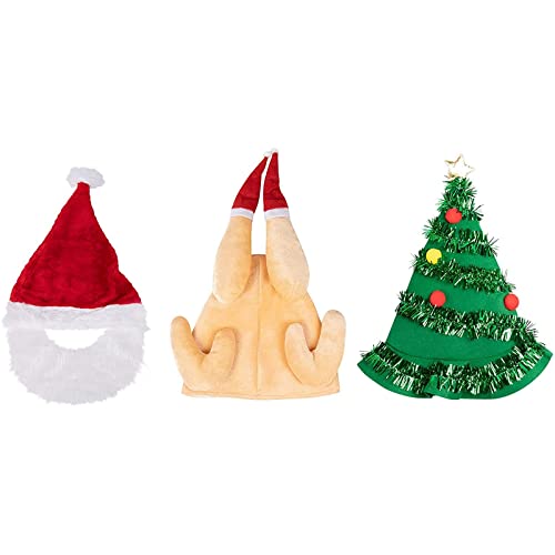 Juvale Novelty Christmas Party Hats for Adults, Santa, Roast Turkey and Christmas Tree (3 Piece)