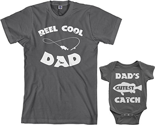 Threadrock Reel & Cutest Catch Infant Bodysuit & Men's T-Shirt Matching Set (Baby: 6M, Charcoal|Men's: L, Charcoal)