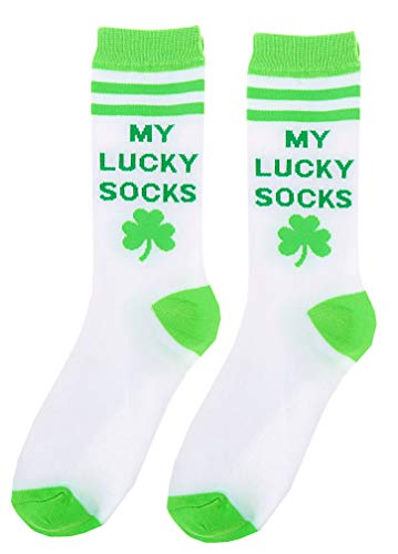 St. Patrick's Day Irish Novelty Knee High OR Crew Socks - for Women or Teens -Variations LUCKY SHAMROCK IRISH HORSESHOE (My Lucky Socks - Crew Socks)