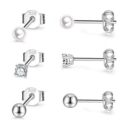 Sterling Silver Stud Earrings for Women Men- 3 Pairs 3mm Tiny Ball Stud Earrings Round CZ Earrings Pearl Earrings Set Cartilage Small Tragus Earrings