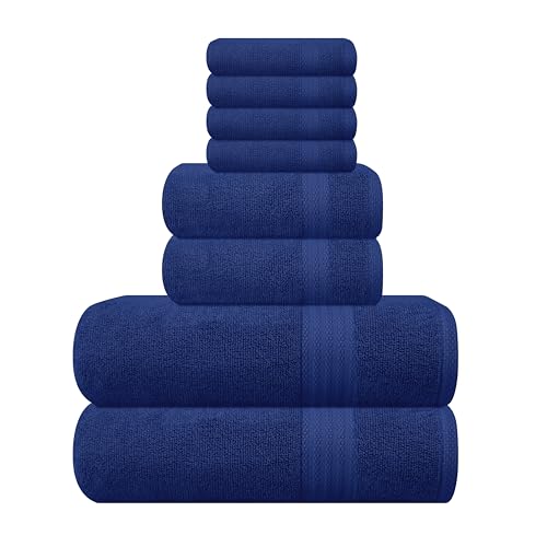 GLAMBURG Ultra Soft 8 Piece Towel Set - 100% Pure Ring Spun Cotton, Contains 2 Oversized Bath Towels 27x54, 2 Hand Towels 16x28, 4 Wash Cloths 13x13 - Ideal for Everyday use, Hotel & Spa - Navy Blue