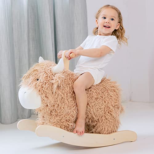 Baby Rocking Horse for 1 Year Old,Wooden Cow/Yak Horse Rocking with Wicker Plush Wooden Ride On Toy for 2 Years Old Girl&Boy Nursery Birthday Gift