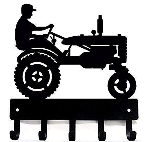 The Metal Peddler Farm Tractor with Farmer Key Rack Holder for Wall - 9 inch Wide - Made in USA; Farmhouse Decor