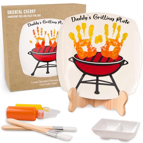 ORIENTAL CHERRY Father's Day Gifts - DIY Daddy's Grilling Plate with Handprint - Personalized Step Dad Gifts from Wife Kids - Funny BBQ Crafts Birthday Present Ideas for First Papa from Daughter Son