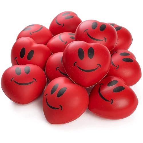 Neliblu Set of 12 Heart Stress Balls - 3-Inch Valentines Stress Balls - Red Squishy Heart Foam Balls - Smiley Face Heart Shaped Stress Balls for Adults - Fun Party Favors and Gifts for Kids