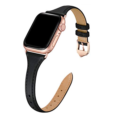 WFEAGL Compatible with Leather Apple Watch Band 38mm 40mm 41mm Women, Top Grain Leather Strap Slim & Thin Replacement Wristband for iWatch Bands Ultra SE & Series 9 8 7 6 5 4 3 2 1 (Black/RoseGold)