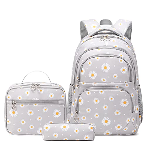 goldwheat Daisy Printed Backpacks With Lunch Pack Pencil Case 3pcs, Lightweight Water Resistant Bookbag For Middle School