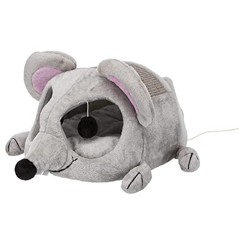 TRIXIE Lukas Cuddly Cave, Plush Mouse Character Cat Condo, Sisal Cat Scratcher, Crinkle Fabric, Padded Bed, Gray