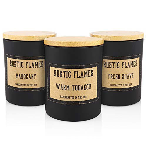 Rustic Flames - Scented Candles for Men | Intense Masculine Fragrances - Mahogany, Warm Tobacco & Fresh Shave | Matte Black Design with Crackling Wood Wick | 3-4oz Candles | Handmade in The USA