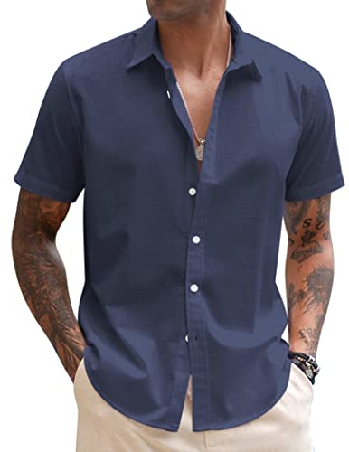 COOFANDY Men's Linen Short Sleeve Outfit Spring Shirt Lightweight Vacation Shirt Navy Blue
