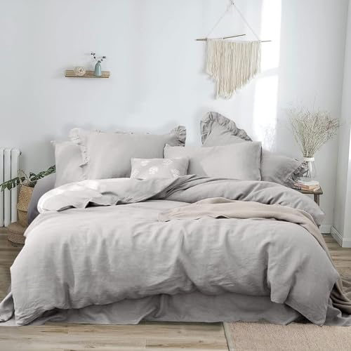 Merryfeel French Linen Duvet Cover Set Queen,100% French Flax Linen Duvet Cover Set,Luxurious Breathable 3 Pieces Bedding Set- Full/Queen Grey