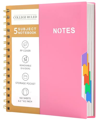 CAGIE 5 Subject Notebook College Ruled with Removable Tabs, Lined Spiral Journals Notebook for Women Men Writing, Notebooks for Work Note Taking School Supplies, A5 - Pink