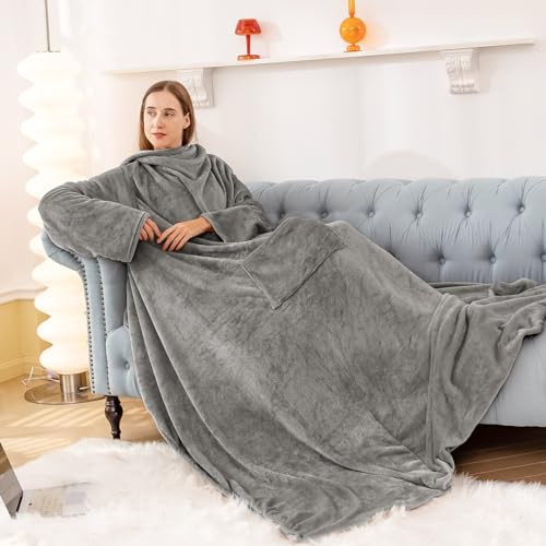 RUIKASI Wearable Blanket with Sleeves,Flannel Throw Lap Blanket with Foot Pocket for Couch Sofa Office Nap Travel Camping Winter Gift for Women Men(Grey)