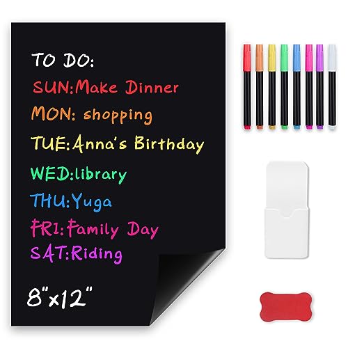 Uinkit Magnetic Black Dry Erase Board Sheet for Refrigerator 12''x8'' Small Blackboard Organizer and Planner for Fridge Includes 8 Markers, 1 Magnetic Pen Holder, and 1 Eraser for Family, Kitchen