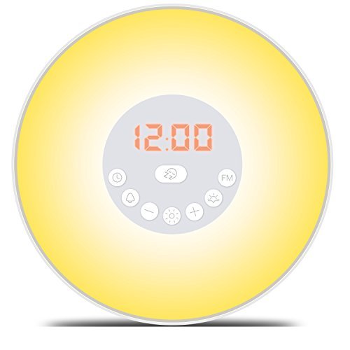 Wake Up Light Alarm Clock - 7 Colors Light - Sunrise Simulation with Night Light, Nature Sounds, FM Radio, USB Cable, Touch Control - 100% Life Time Guarantee