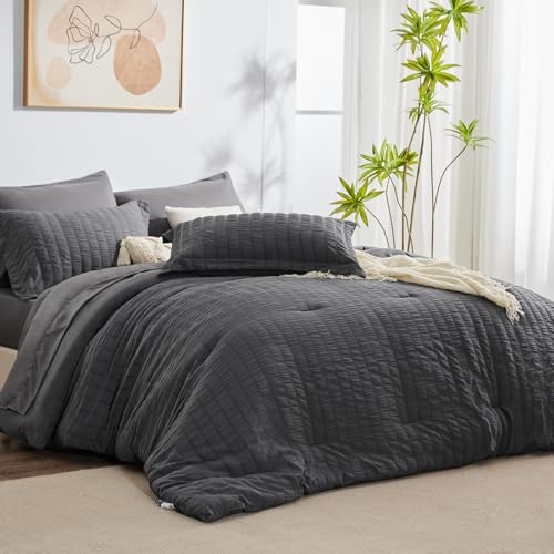 CozyLux Queen Seersucker Comforter Set with Sheets Dark Grey Bed in a Bag 7-Pieces All Season Bedding Sets with Comforter, Pillow Sham, Flat Sheet, Fitted Sheet, Pillowcase