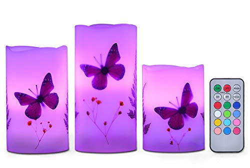 UNIVELA Candles Set of 3 Flameless 4' 5' 6' Unscented Tealight Butterfly Flower Plants Decor Real Wax Pillar Candle LED Lights 12 Color Changing 4H 8H Timer Remote Control AAA Batteries Operated