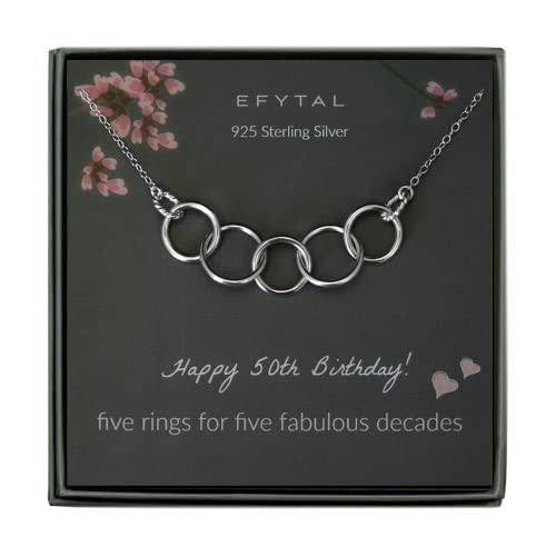 EFYTAL 50th Birthday Gifts for Women, 925 Sterling Silver Five Circle Necklace For Her, Thick Ring 5 Decade Jewelry 50 Years Old