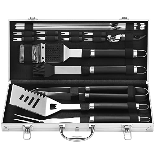 grilljoy 20PCS Heavy Duty BBQ Grill Tools Set - Extra Thick Stainless Steel Spatula, Fork& Tongs - Complete Barbecue Accessories Kit in Aluminum Storage Case - Perfect Grill Gifts for Men